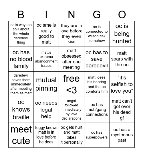 Matt Murdock x OC Bingo Card