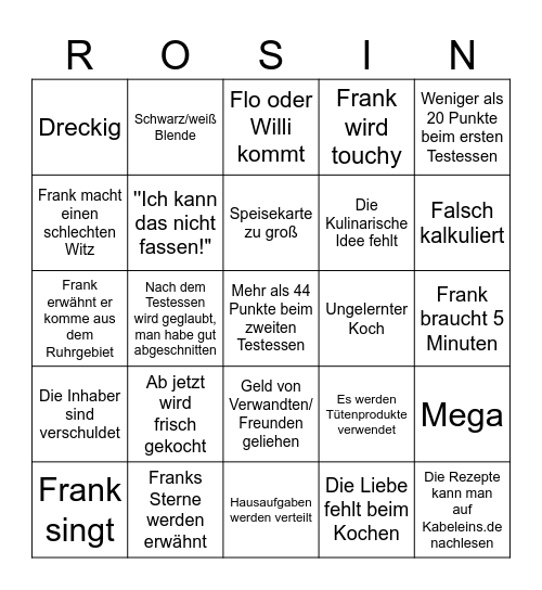 Rosins Restaurants Bingo Card