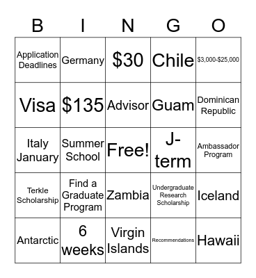 Study Abroad Bingo Card