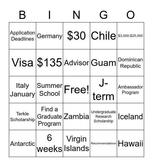 Study Abroad Bingo Card