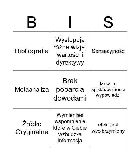 Filtrowanie Informacji Bingo Card