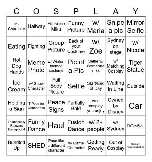 Cosplay Snowfest Bingo Card