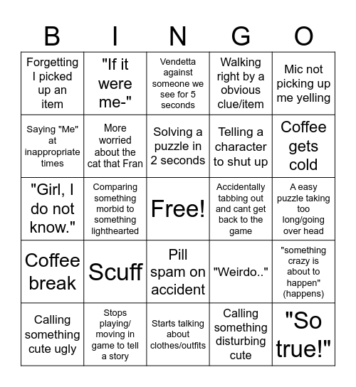 Fran Bow Bingo Card