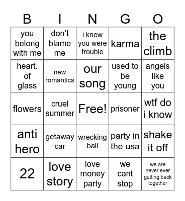 taylor vs miley night Bingo Card