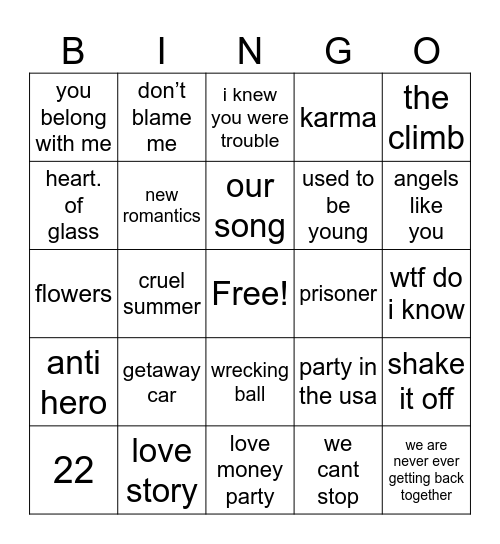 taylor vs miley night Bingo Card