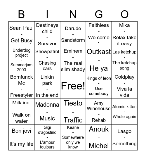 Muziek Bingo 00's Bingo Card