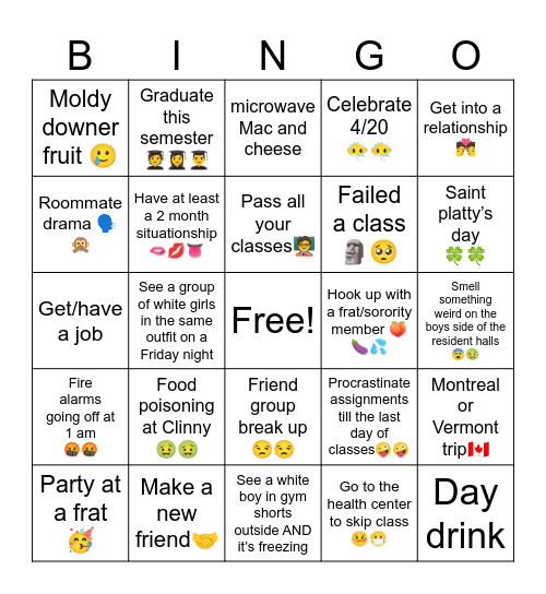 Spring semester at platts Bingo Card