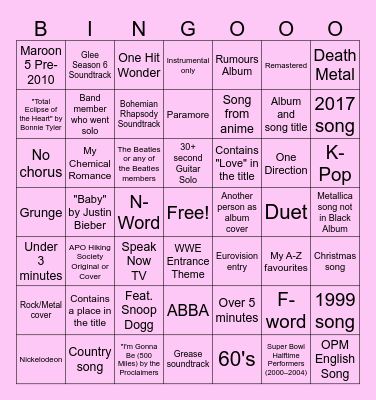 Spotify Bingo Card