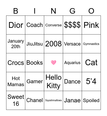 Morgan's Sweet 16 Bingo Card
