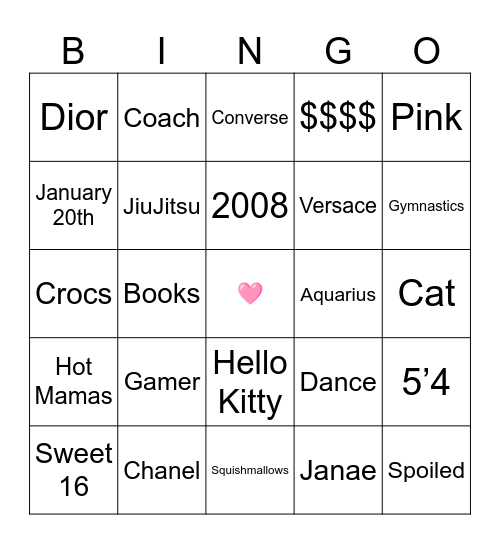 Morgan's Sweet 16 Bingo Card