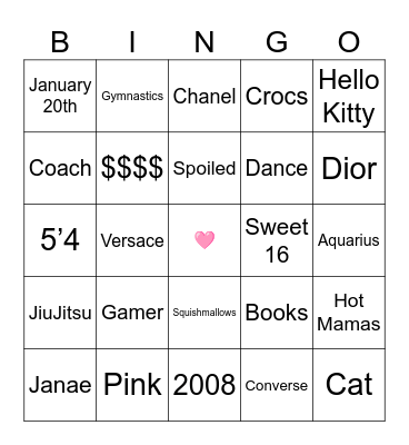 Morgan's Sweet 16 Bingo Card