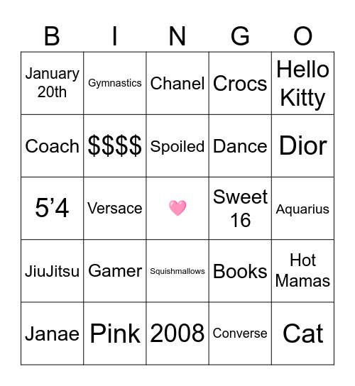 Morgan's Sweet 16 Bingo Card