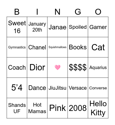 Morgan's Sweet 16 Bingo Card