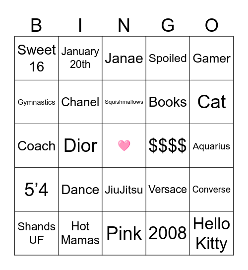 Morgan's Sweet 16 Bingo Card