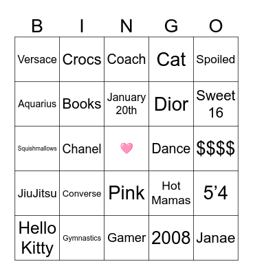 Morgan's Sweet 16 Bingo Card