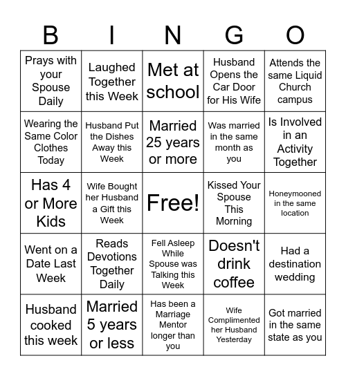 Marriage Mentor Couples Bingo Card