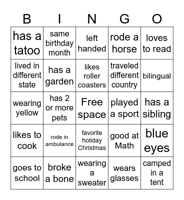 Get to know you Bingo Card