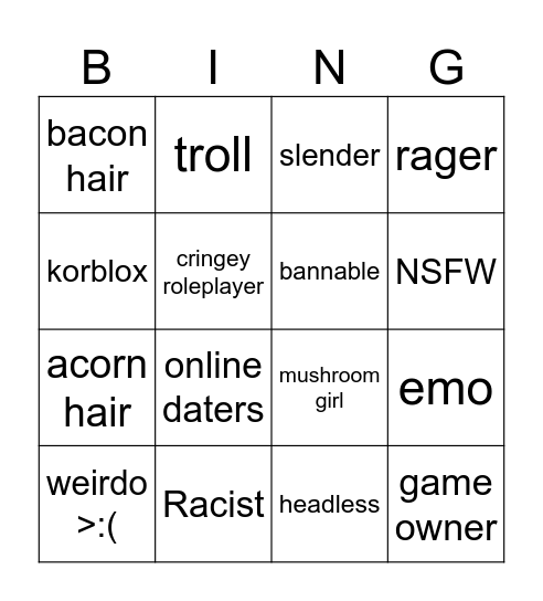 Roblox Bing Bingo Card