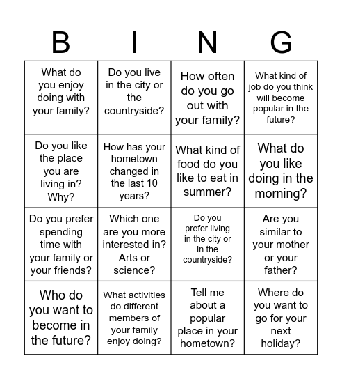 Speaking Bing Bingo Card