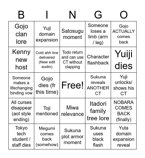 JJK Manga Bingo Card