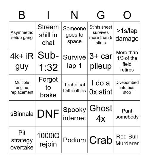 Daytona 24 24 Bingo Card