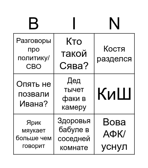 Попойка у Кости Bingo Card