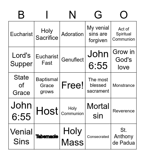 Holy Communion Bingo Card