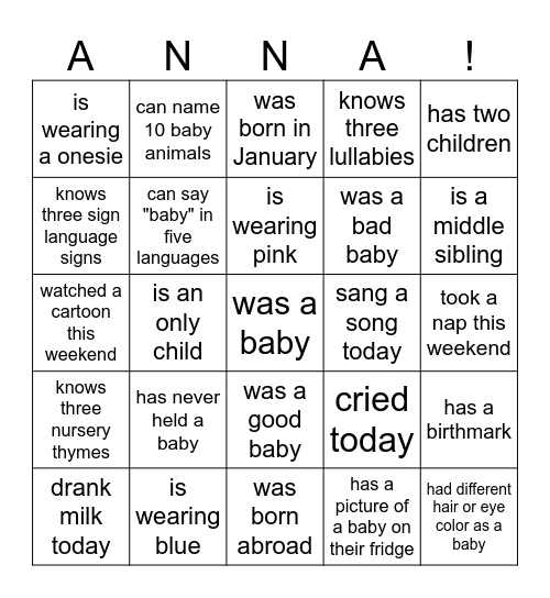 Anna Birthday Bingo Card