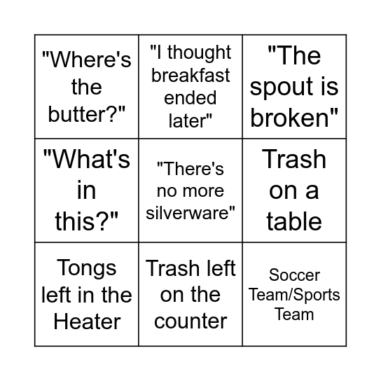 Home 2 Suites Breakfast Bingo Card