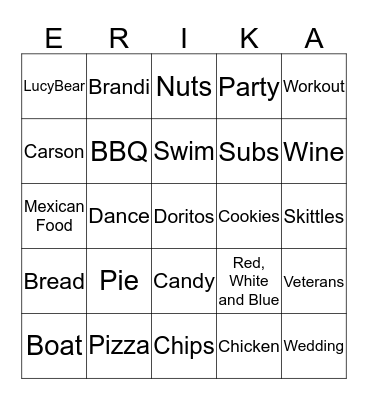 Erika's Bridal Shower Bingo Card