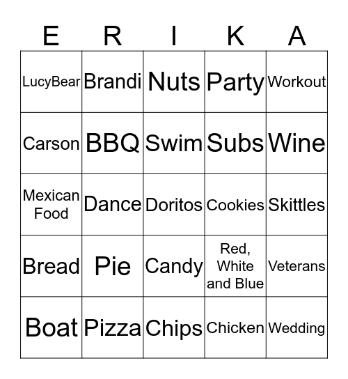 Erika's Bridal Shower Bingo Card