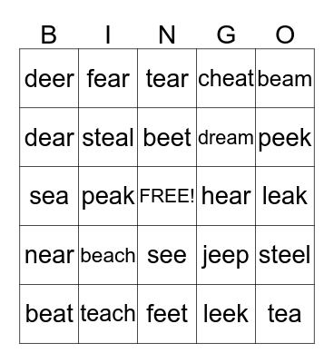 'ea' and 'ee' bingo Card
