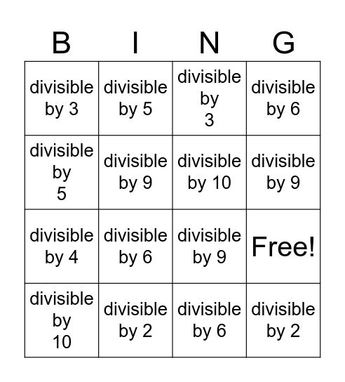 Divisibility Bingo Card