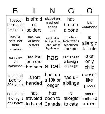 Get to know your sister 1 Bingo Card