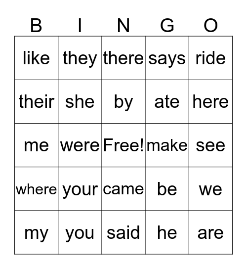 Unit 10 Sight Words Bingo Card
