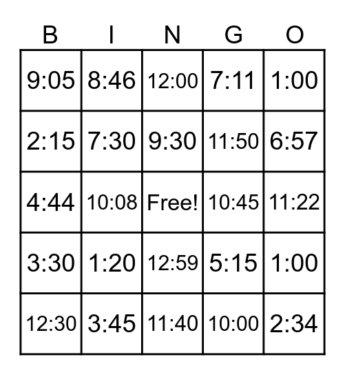 Time Bingo Card