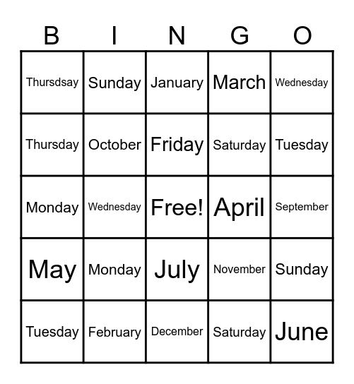 Day of The Week/Month Bingo Card