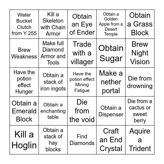 Minecraft Bedrock Lockout Bingo Card