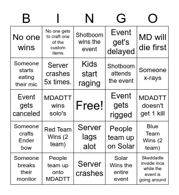 Hunger Game Event Bingo Card