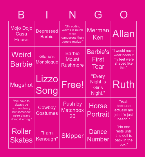 Barbie Movie 2023 Bingo Card