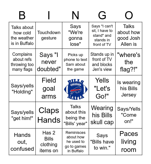 Bills Mafia Game Day Bingo Card