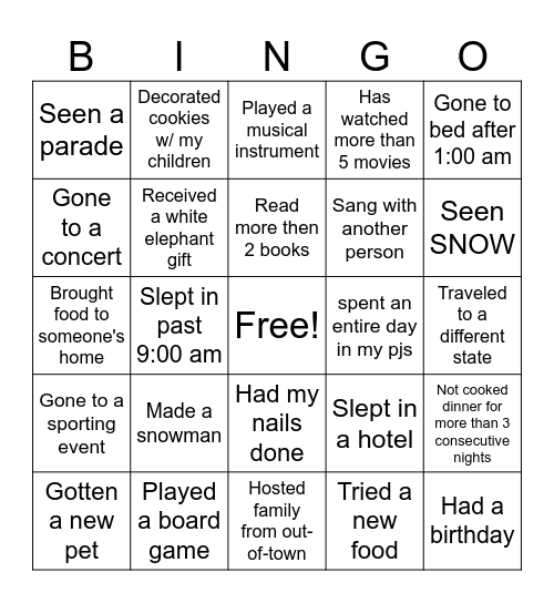 Winter Fun- In the past 2 months I have... Bingo Card