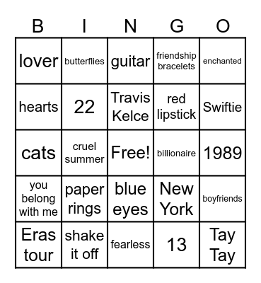 Taylor Swift Bingo Card