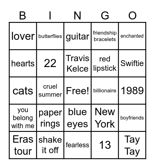 Taylor Swift Bingo Card