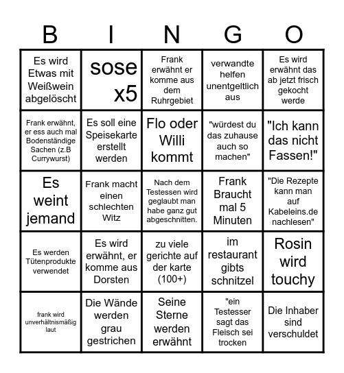 Rosins Restaurant Bingo Card