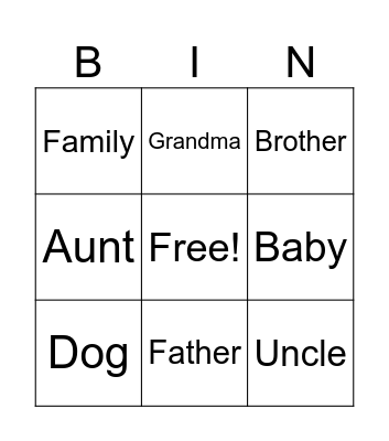 Family Members Bingo Card