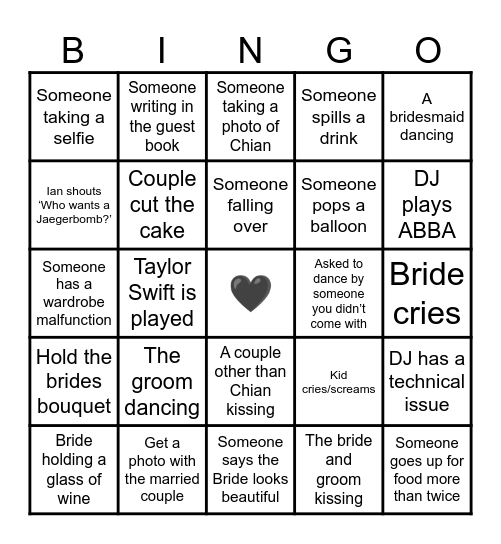 CHIAN’S WEDDING Bingo Card