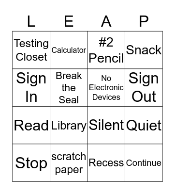 Testing Week Bingo Card