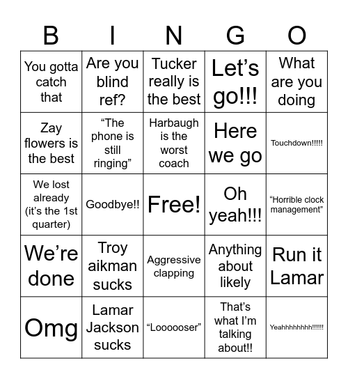 Ravens game Bingo Card