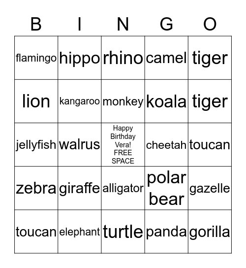 Vera's Safari Bingo! Bingo Card